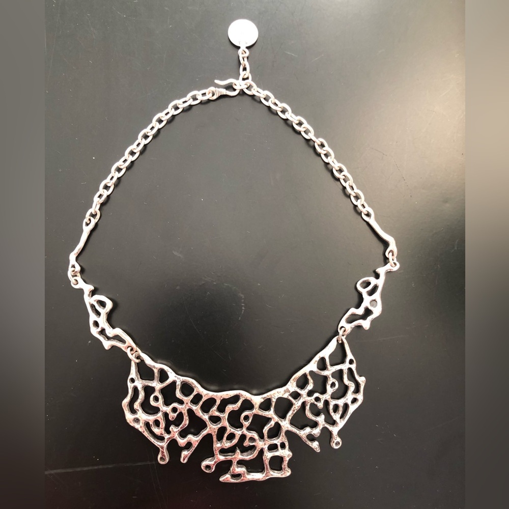 Vintage new Turkish matte silver toned metal bib statement necklace modern web